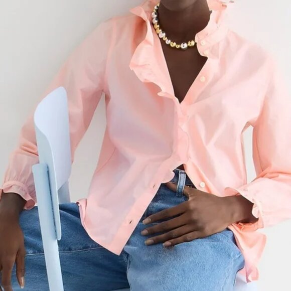 JCrew Cottage Top White Cotton Poplin Ruffle Neck High Collar Women's Sz 10 B33 - Picture 2 of 12